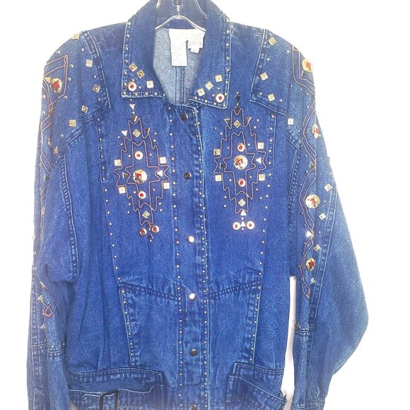 Cache Vintage Embellished Blue Denim Jacket Size 12 - Picture 1 of 7